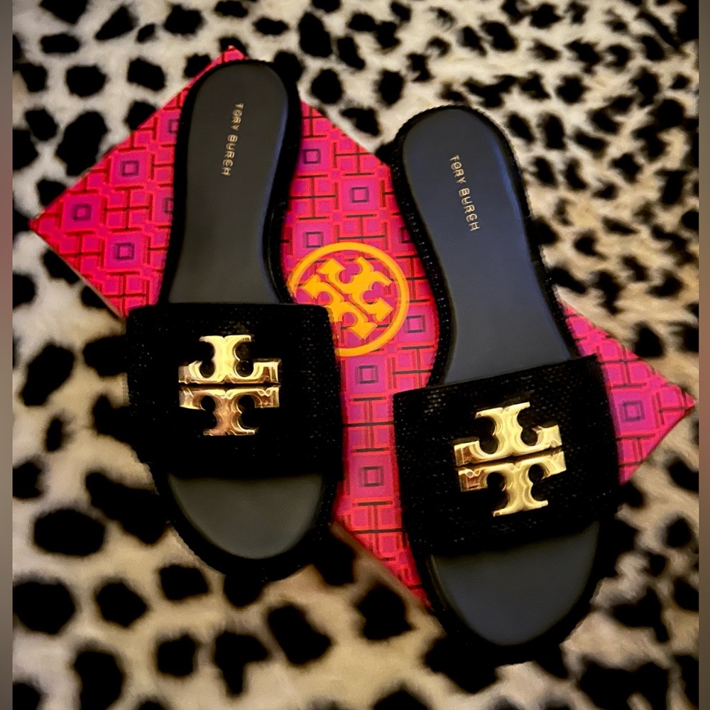 Price FIRM Tory Burch Everly BLACK Rhinestone Slides, Perfect Black, GOLDEN LOGO